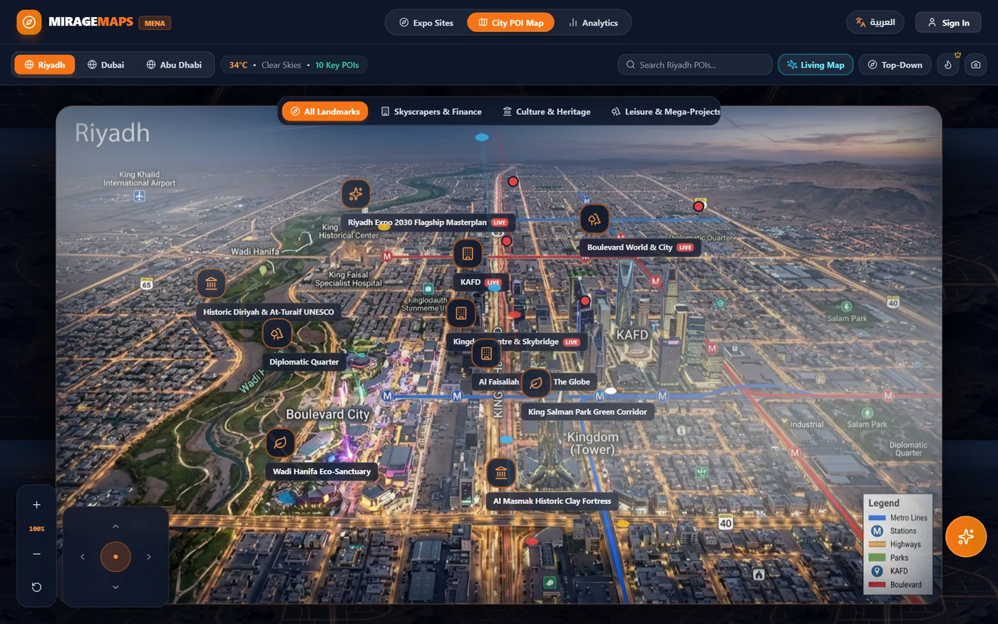 MirageMaps Riyadh city view: landmarks, metro lines and live points of interest over an aerial map