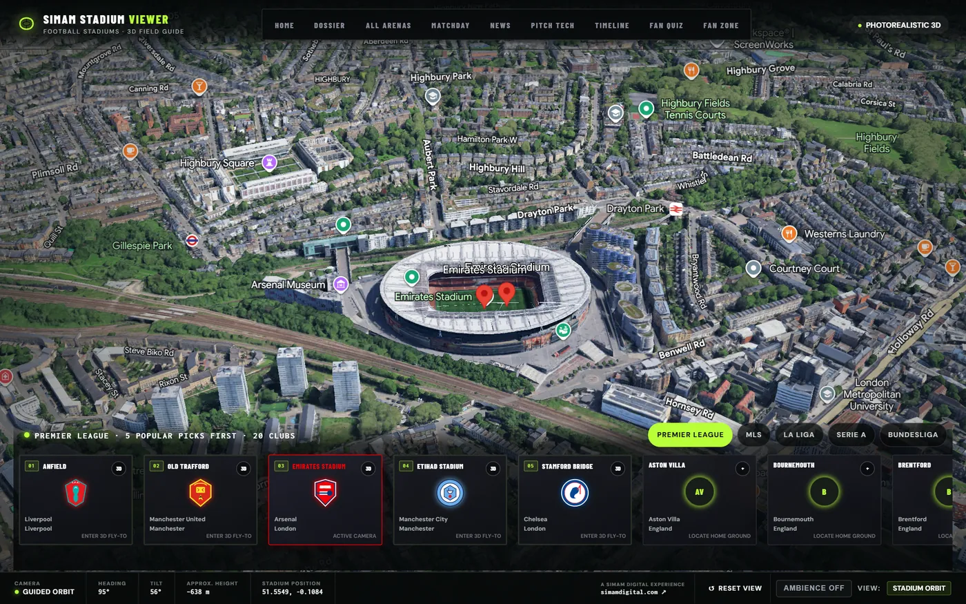 Stadium Viewer: photorealistic 3D aerial of the Emirates Stadium with club selector and camera HUD