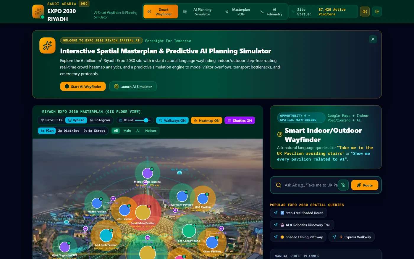 Expo Smart Wayfinder: GIS masterplan with crowd heatmap, pavilion wait times and AI routing panel