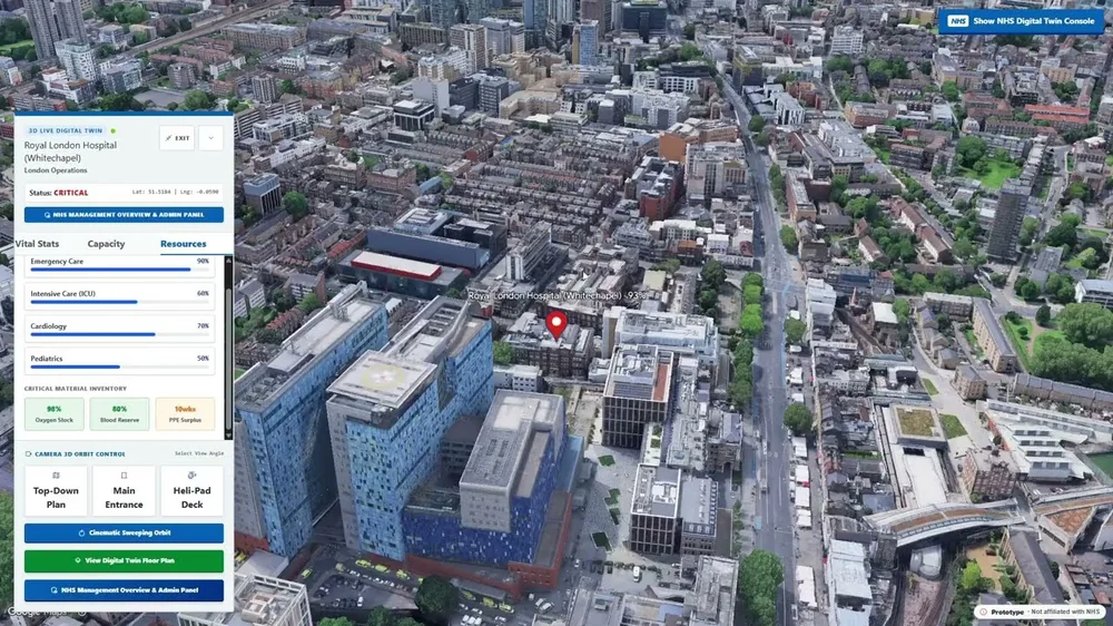 Still from the NHS Digital Twin film: a London hospital in photorealistic 3D beside the site operations panel