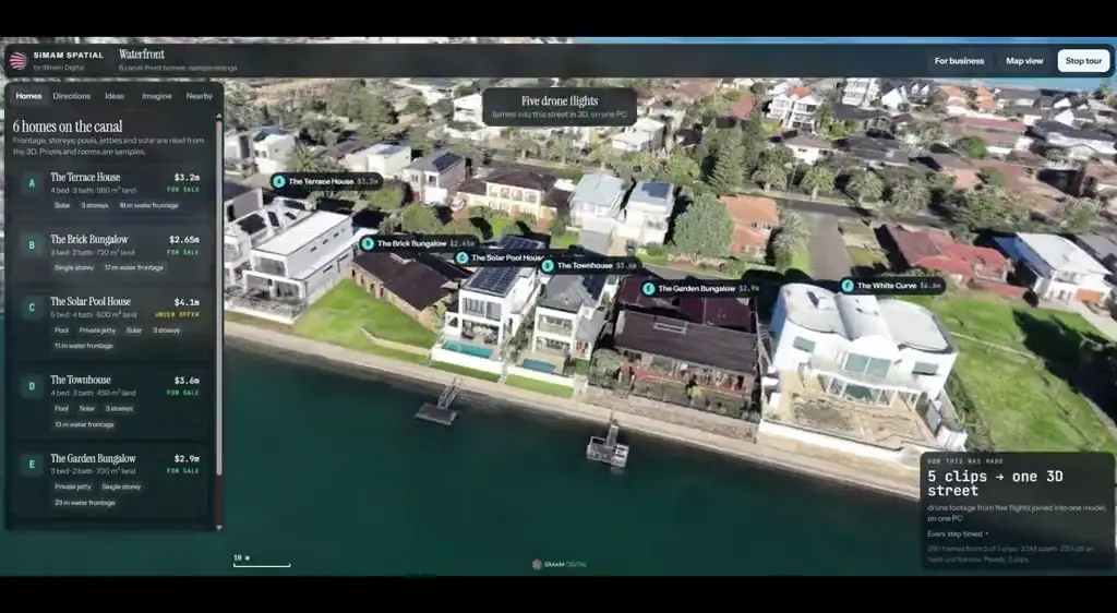 Homes along a waterfront rebuilt in 3D, each one openable from the street