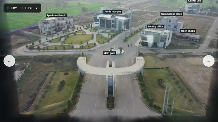A housing society rebuilt in 3D with each building labelled