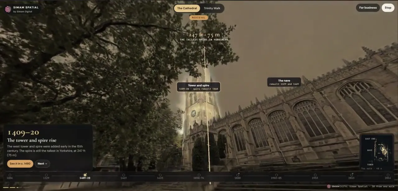 Wakefield Cathedral rebuilt in 3D with its spire lit and its history told on screen