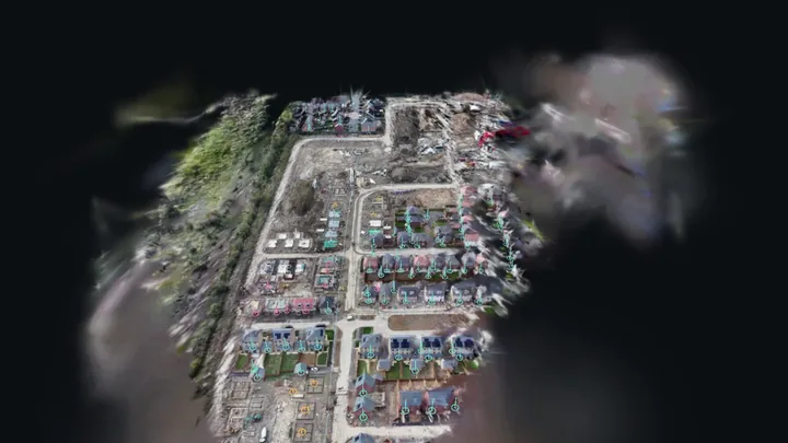 A housing site rebuilt in 3D from one drone pass, every plot pinned and coloured by stage