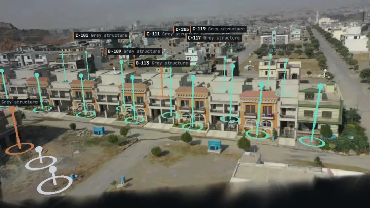 A terrace of homes rebuilt in 3D, every unit marked separately
