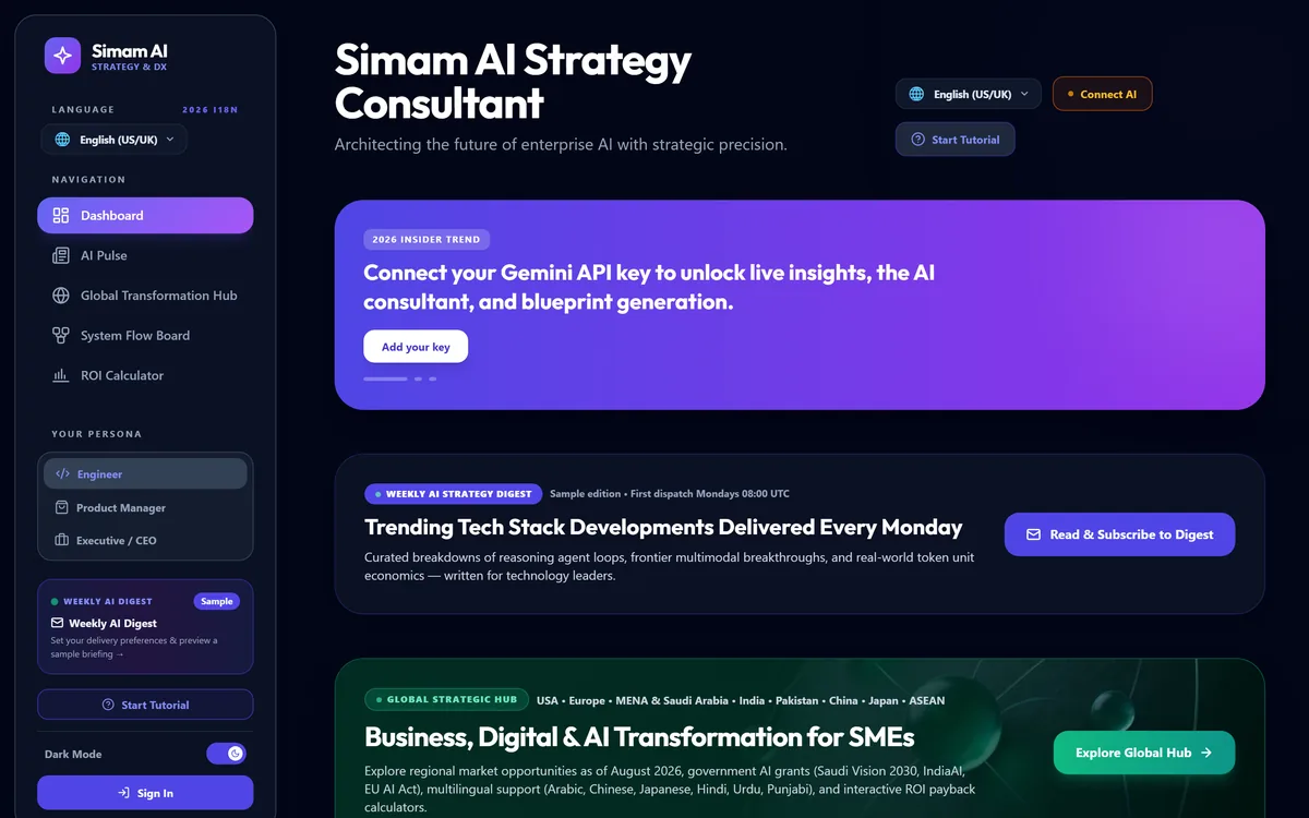 Simam AI Strategy Hub dashboard for AI and digital transformation planning