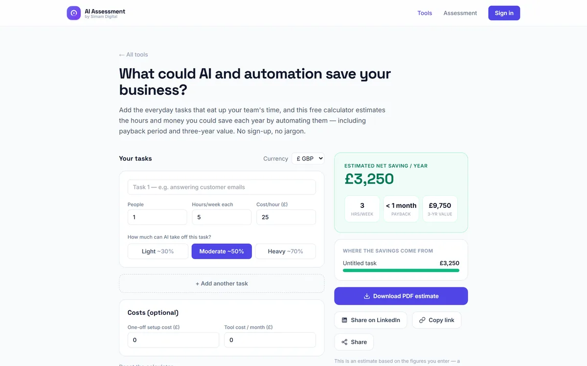 Simam Digital AI ROI calculator estimating annual saving and payback period