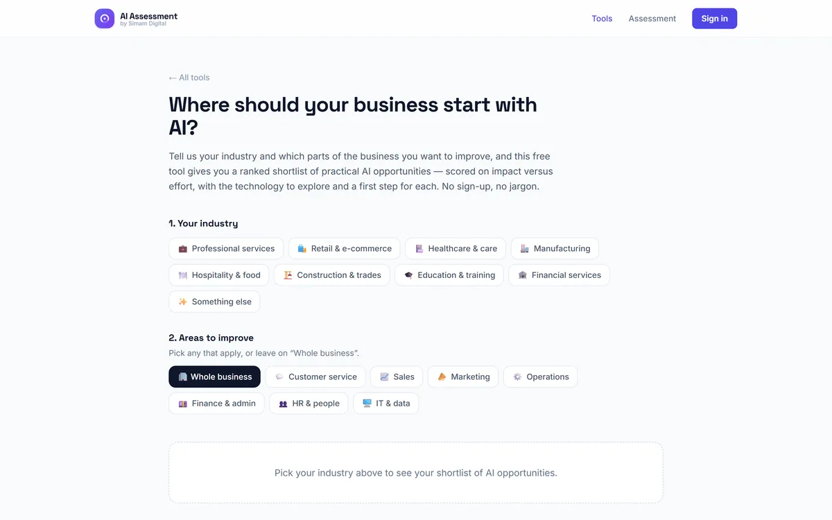 Simam Digital AI use-case finder ranking opportunities by impact and effort